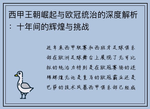 西甲王朝崛起与欧冠统治的深度解析：十年间的辉煌与挑战